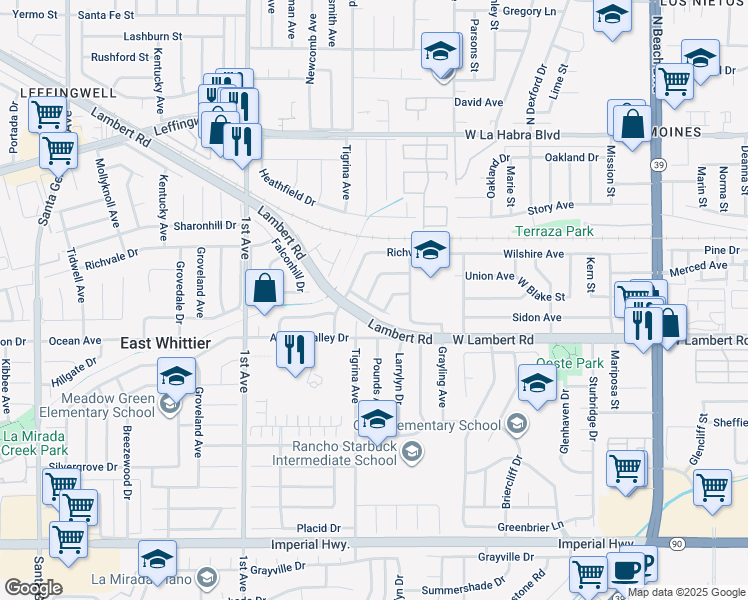 map of restaurants, bars, coffee shops, grocery stores, and more near 11636 Tigrina Avenue in Whittier