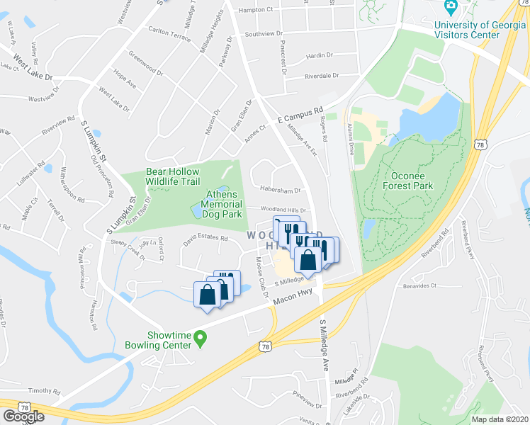 map of restaurants, bars, coffee shops, grocery stores, and more near 566 Woodland Hills Drive in Athens