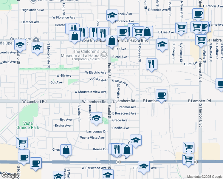 map of restaurants, bars, coffee shops, grocery stores, and more near 550 Euclid Street in La Habra