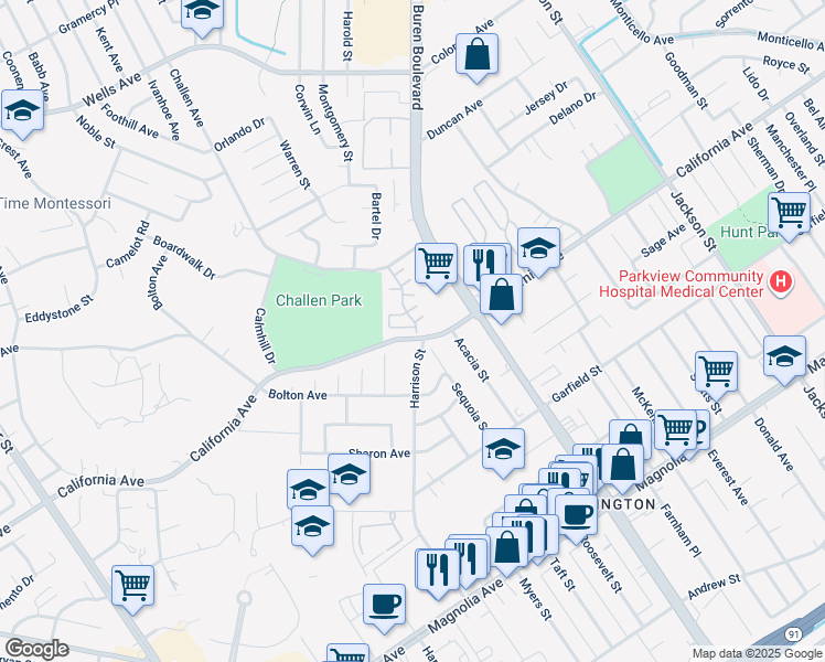 map of restaurants, bars, coffee shops, grocery stores, and more near 9754 Edenbrook Drive in Riverside