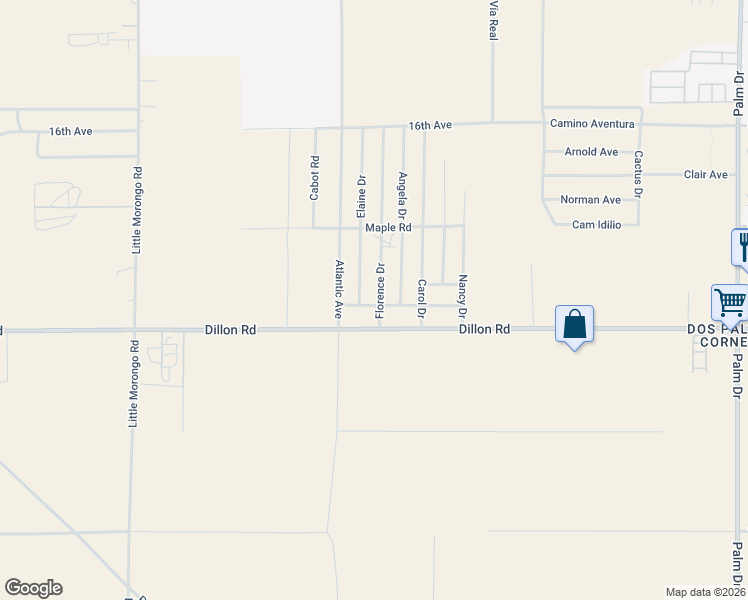 map of restaurants, bars, coffee shops, grocery stores, and more near 65610 Sycamore Road in Desert Hot Springs