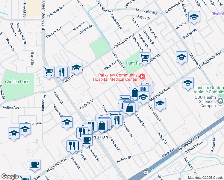 map of restaurants, bars, coffee shops, grocery stores, and more near 9244 Garfield Street in Riverside