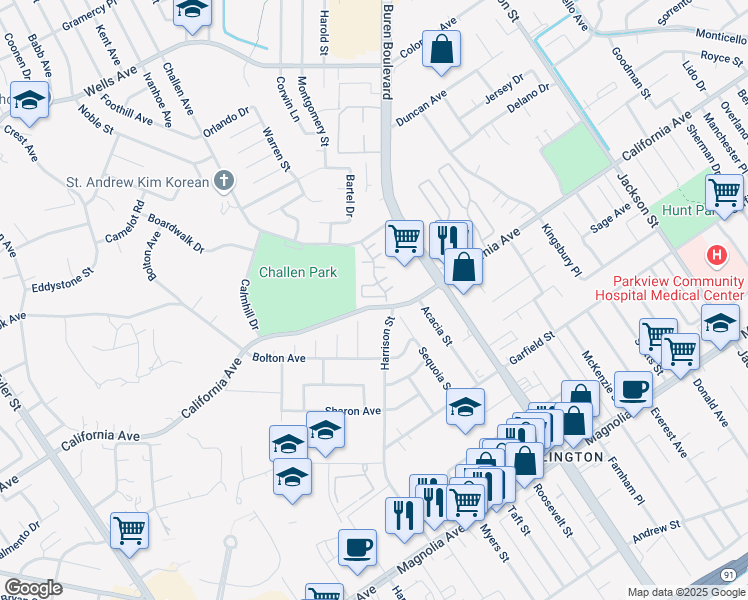 map of restaurants, bars, coffee shops, grocery stores, and more near 9772 Edenbrook Drive in Riverside