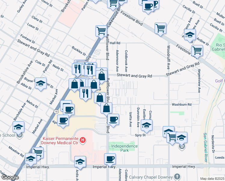 map of restaurants, bars, coffee shops, grocery stores, and more near 9214 Elm Vista Drive in Downey