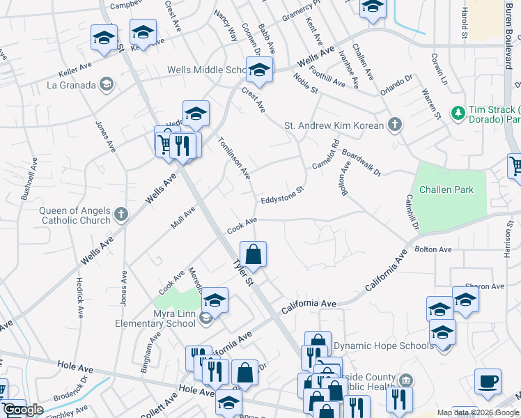 map of restaurants, bars, coffee shops, grocery stores, and more near 4605 Tomlinson Avenue in Riverside