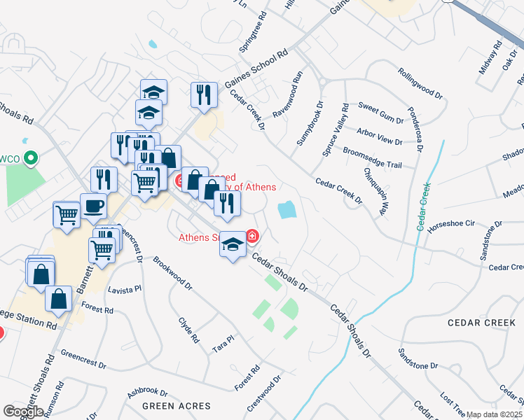 map of restaurants, bars, coffee shops, grocery stores, and more near 1287 Cedar Shoals Drive in Athens