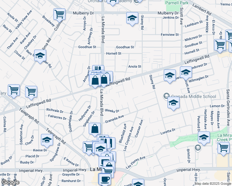 map of restaurants, bars, coffee shops, grocery stores, and more near Saranac Drive in Whittier