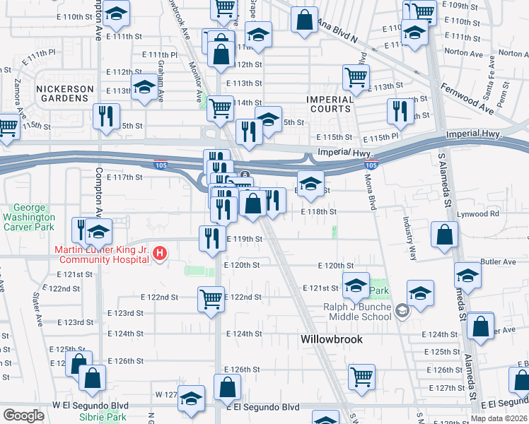 map of restaurants, bars, coffee shops, grocery stores, and more near 11800 Willowbrook Avenue in Los Angeles