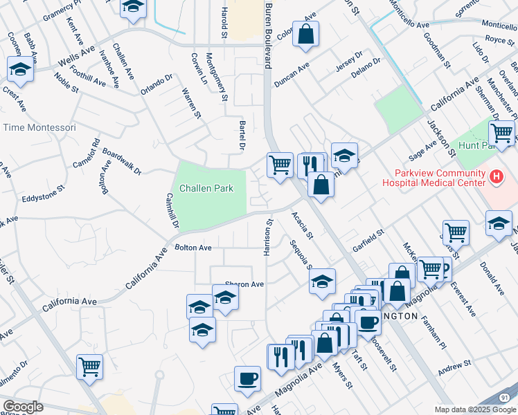 map of restaurants, bars, coffee shops, grocery stores, and more near 9772 Edenbrook Drive in Riverside