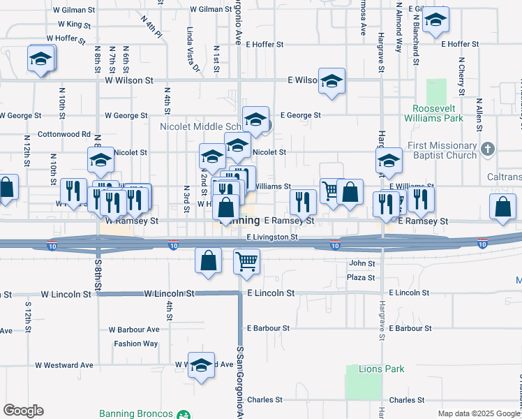 map of restaurants, bars, coffee shops, grocery stores, and more near 1733 Oleander Place in Banning