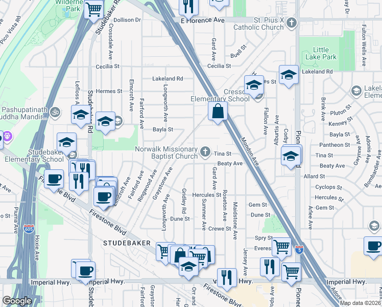 map of restaurants, bars, coffee shops, grocery stores, and more near 11728 Orr and Day Road in Norwalk