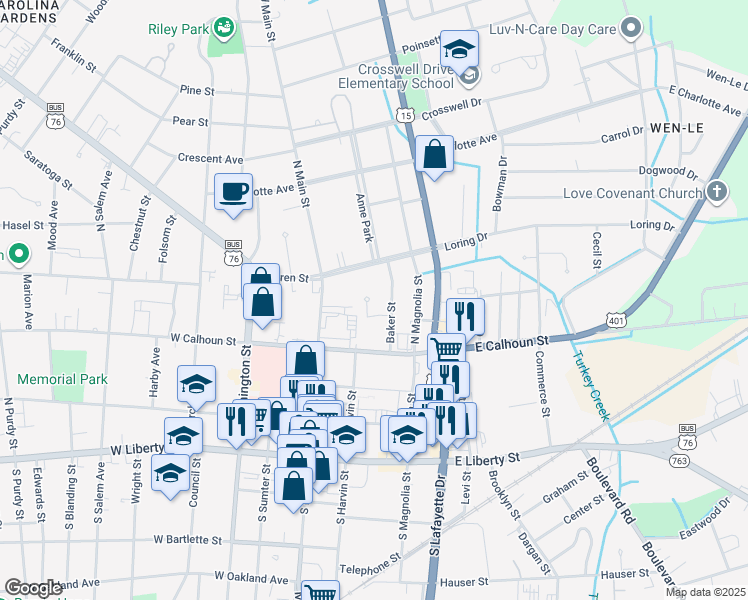 map of restaurants, bars, coffee shops, grocery stores, and more near 13 Burgess Court in Sumter