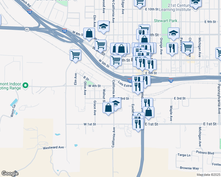 map of restaurants, bars, coffee shops, grocery stores, and more near 332 Walnut Street in Beaumont