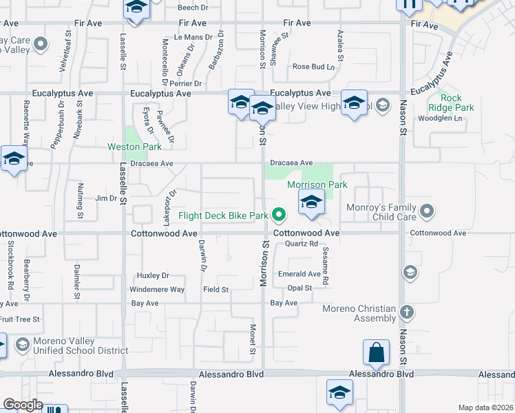 map of restaurants, bars, coffee shops, grocery stores, and more near 13419 Yuba Pass Road in Moreno Valley