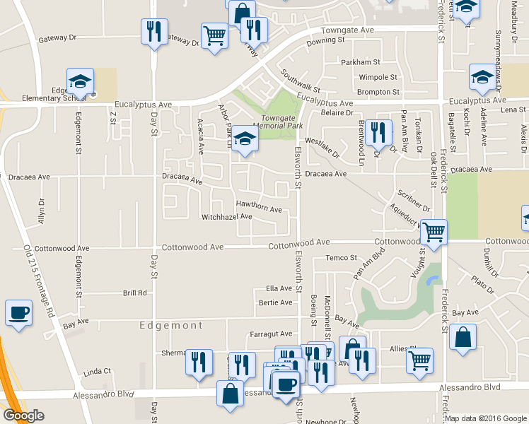 map of restaurants, bars, coffee shops, grocery stores, and more near 22410 Witchhazel Avenue in Moreno Valley