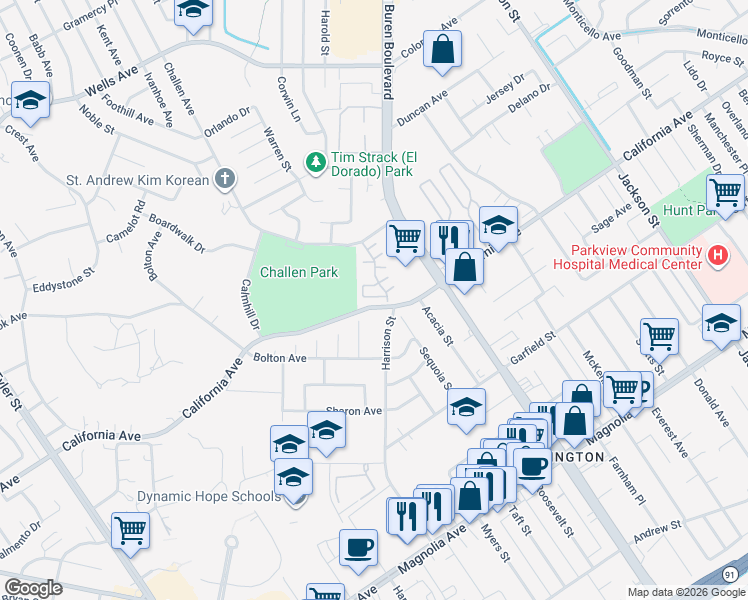 map of restaurants, bars, coffee shops, grocery stores, and more near 4264 Harrison Street in Riverside