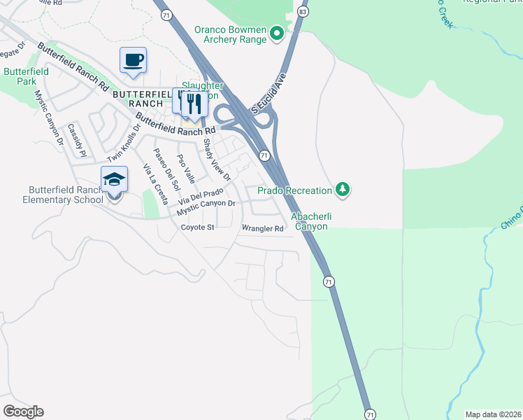 map of restaurants, bars, coffee shops, grocery stores, and more near 6733 Cattle Creek Drive in Chino Hills