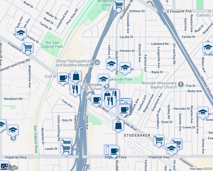 map of restaurants, bars, coffee shops, grocery stores, and more near 11800 Halcourt Avenue in Norwalk