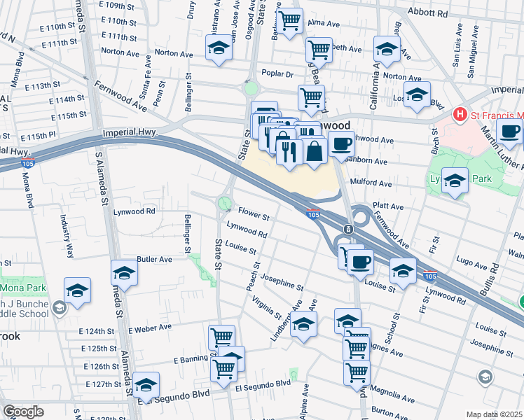 map of restaurants, bars, coffee shops, grocery stores, and more near 3181 Lynwood Road in Lynwood