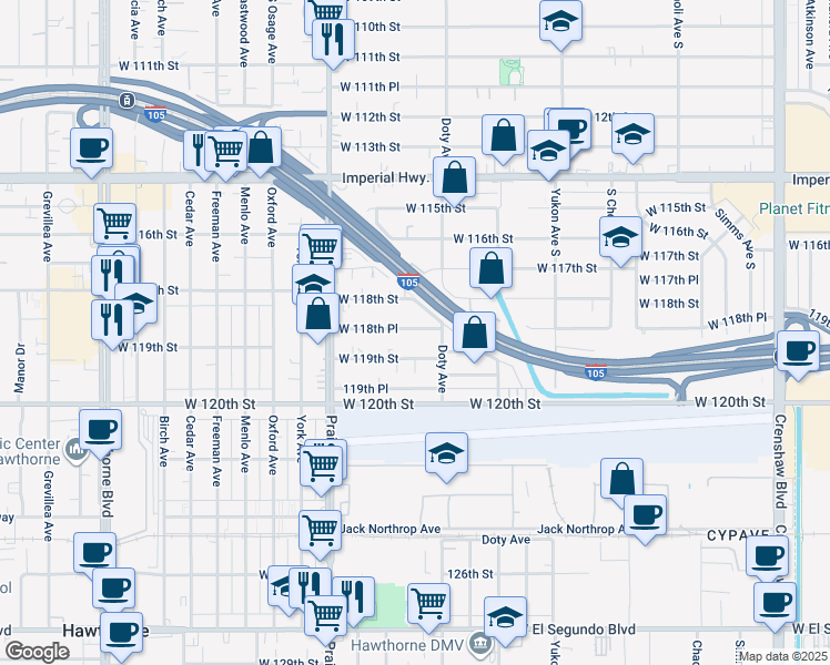 map of restaurants, bars, coffee shops, grocery stores, and more near 3845 West 119th Street in Hawthorne