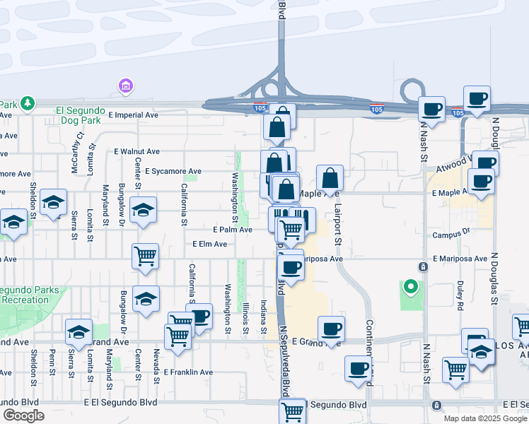 map of restaurants, bars, coffee shops, grocery stores, and more near 703 North Pacific Coast Highway in El Segundo