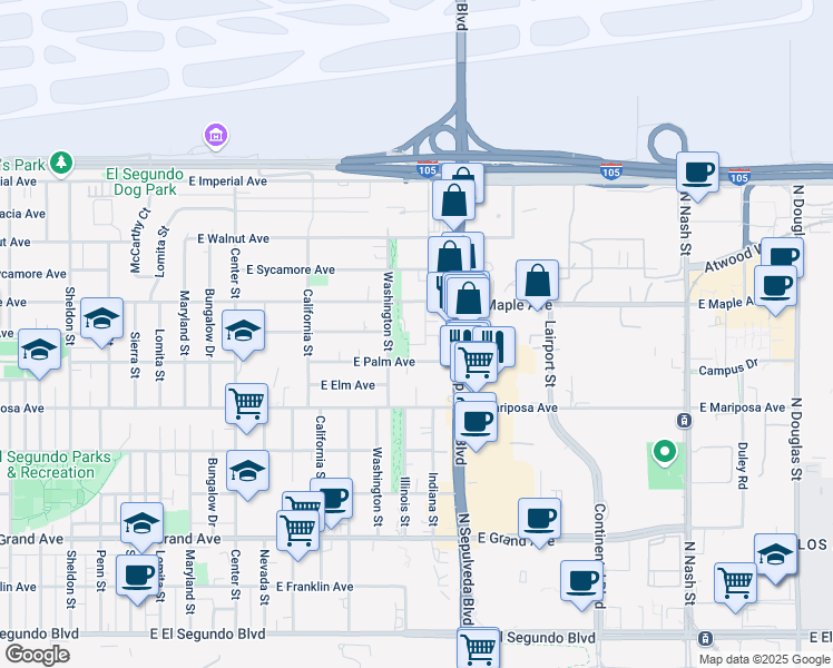 map of restaurants, bars, coffee shops, grocery stores, and more near 1627 East Palm Avenue in El Segundo