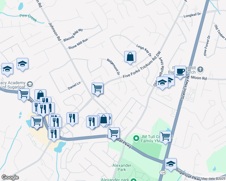 map of restaurants, bars, coffee shops, grocery stores, and more near 488 Takely Drive in Lawrenceville