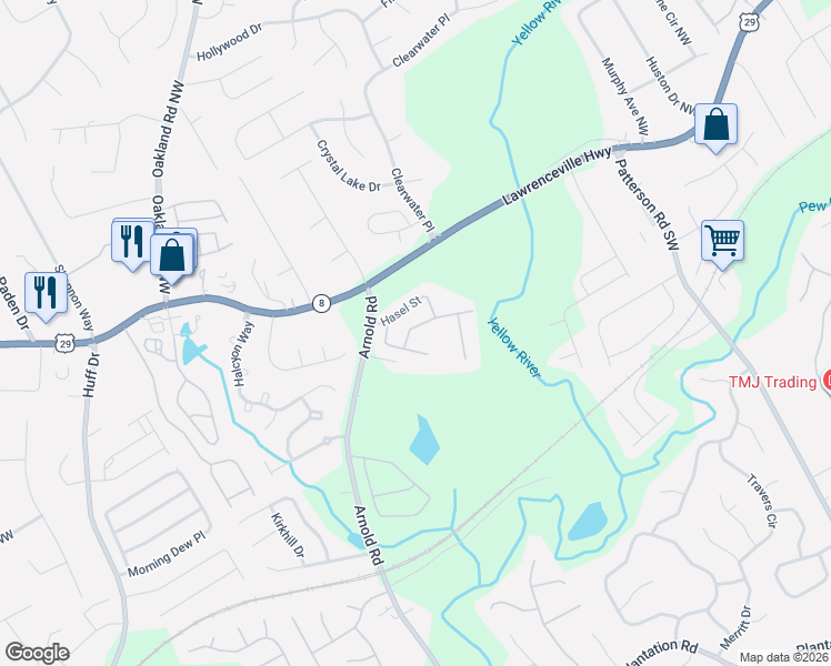 map of restaurants, bars, coffee shops, grocery stores, and more near 2140 Burns View Lane Southwest in Lawrenceville