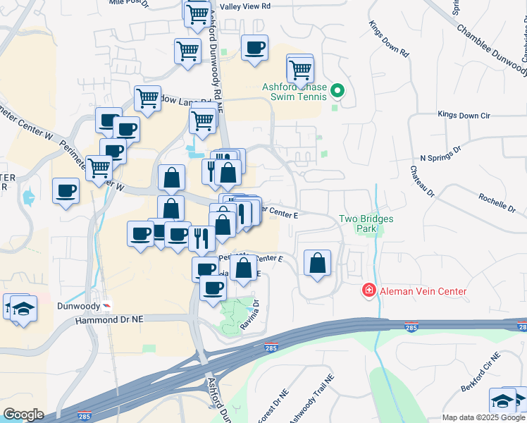 map of restaurants, bars, coffee shops, grocery stores, and more near 11 Perimeter Center East in Dunwoody