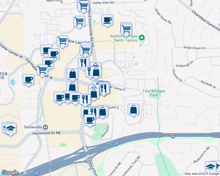 map of restaurants, bars, coffee shops, grocery stores, and more near 11 Perimeter Center East in Dunwoody
