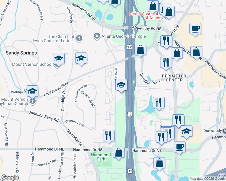 map of restaurants, bars, coffee shops, grocery stores, and more near 409 The North Chace in Atlanta