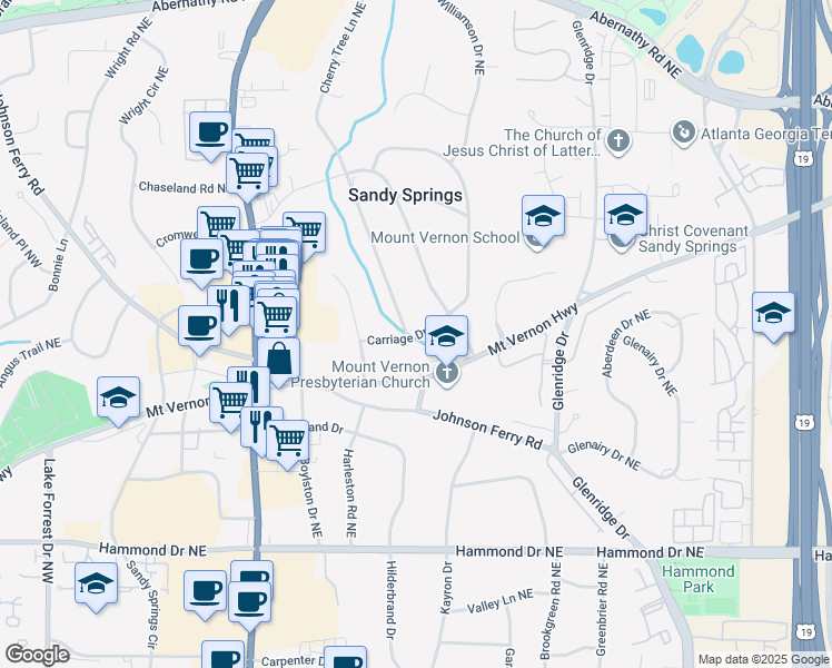 map of restaurants, bars, coffee shops, grocery stores, and more near 411 Carriage Drive Northeast in Atlanta