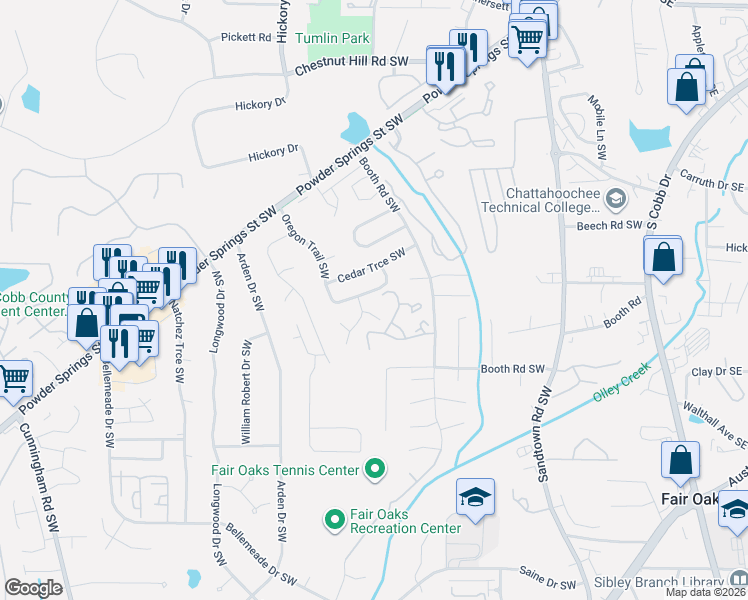 map of restaurants, bars, coffee shops, grocery stores, and more near 340 Jamaica Cove Southwest in Marietta