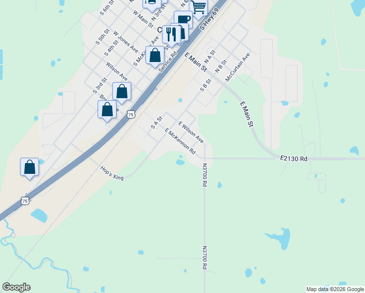 map of restaurants, bars, coffee shops, grocery stores, and more near 612 East McKennon Road in Calera