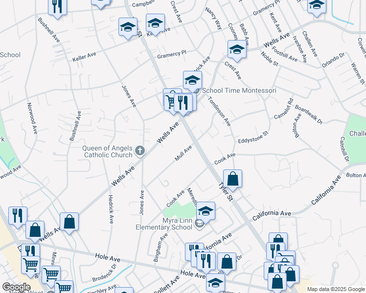 map of restaurants, bars, coffee shops, grocery stores, and more near 10337 Mull Avenue in Riverside
