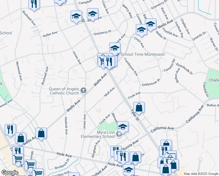 map of restaurants, bars, coffee shops, grocery stores, and more near 10337 Mull Avenue in Riverside