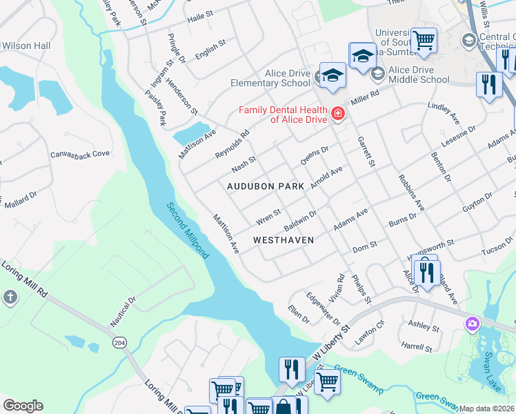 map of restaurants, bars, coffee shops, grocery stores, and more near 712 Wren Street in Sumter