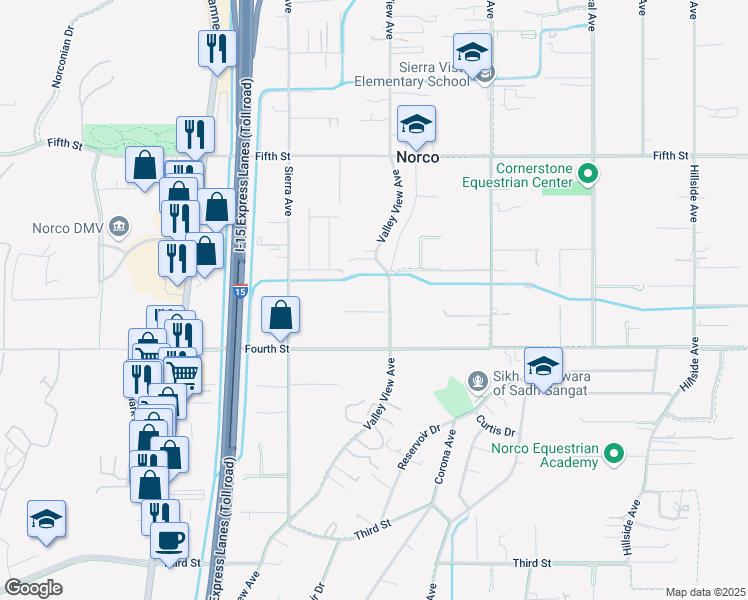 map of restaurants, bars, coffee shops, grocery stores, and more near 3038 Valley View Avenue in Norco