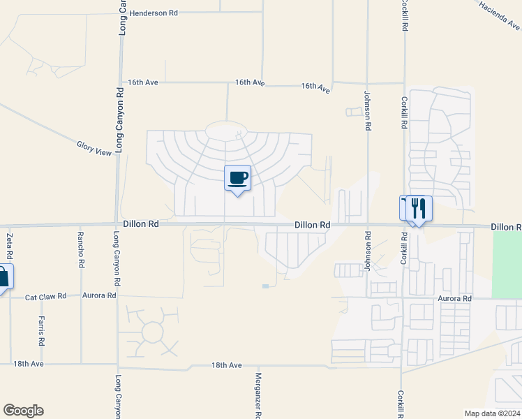 map of restaurants, bars, coffee shops, grocery stores, and more near 16871 Sunrise Road in Desert Hot Springs