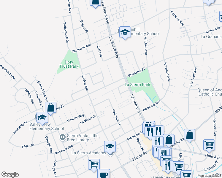 map of restaurants, bars, coffee shops, grocery stores, and more near 11191 Baker Lane in Riverside
