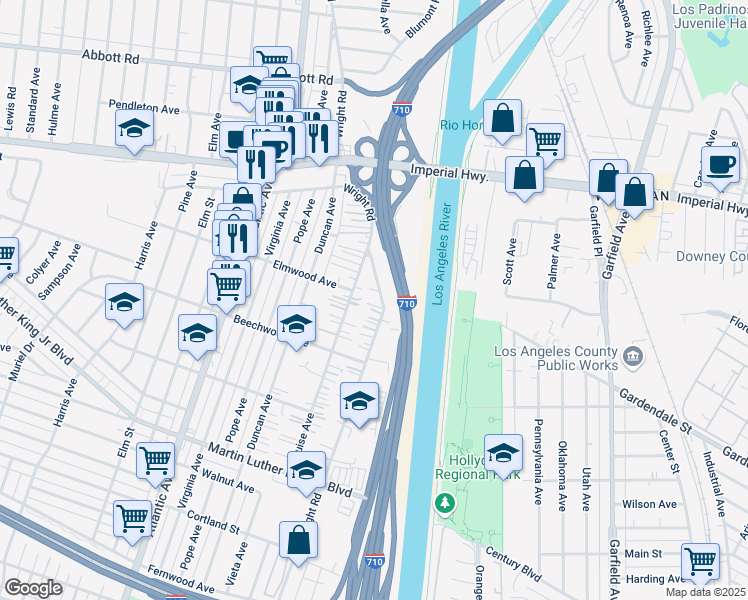 map of restaurants, bars, coffee shops, grocery stores, and more near 11115 Wright Road in Lynwood
