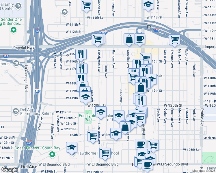 map of restaurants, bars, coffee shops, grocery stores, and more near 11870 Truro Avenue in Hawthorne