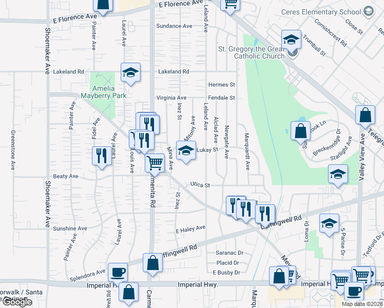 map of restaurants, bars, coffee shops, grocery stores, and more near 13463 Meyer Road in Whittier