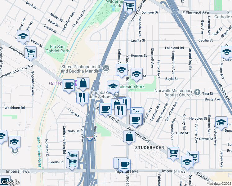 map of restaurants, bars, coffee shops, grocery stores, and more near 11800 Halcourt Avenue in Norwalk
