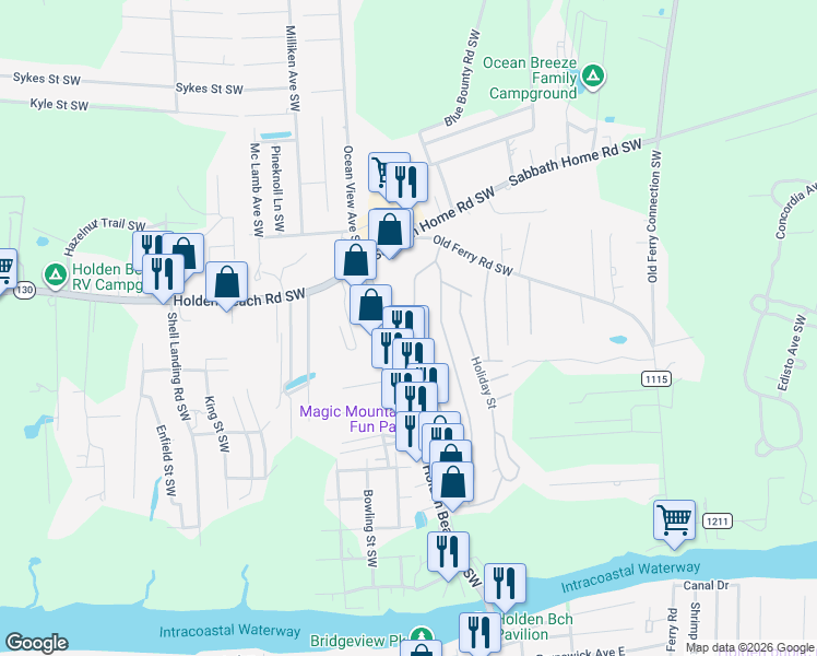 map of restaurants, bars, coffee shops, grocery stores, and more near 2949 Fulford Avenue Southwest in Brunswick County