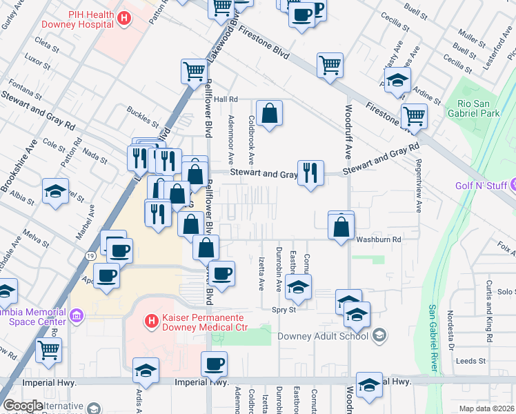 map of restaurants, bars, coffee shops, grocery stores, and more near 9328 Elm Vista Drive in Downey