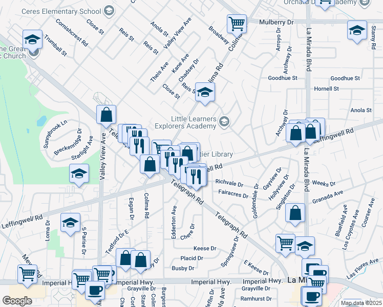 map of restaurants, bars, coffee shops, grocery stores, and more near 11501 Obert Avenue in Whittier