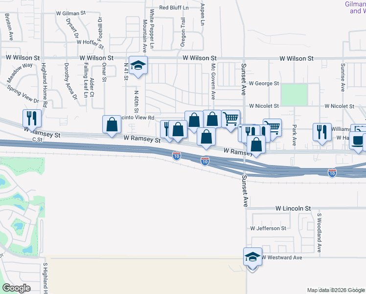 map of restaurants, bars, coffee shops, grocery stores, and more near 3694 West Ramsey Street in Banning