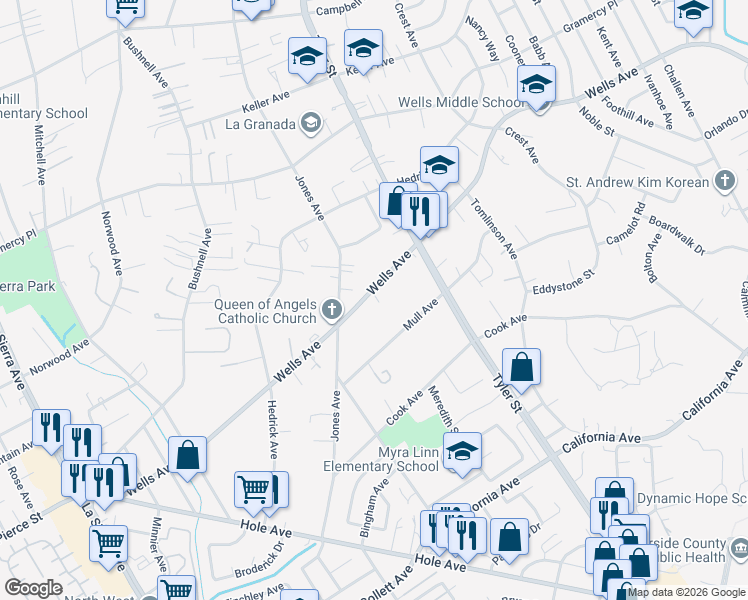 map of restaurants, bars, coffee shops, grocery stores, and more near 10401 Mull Avenue in Riverside