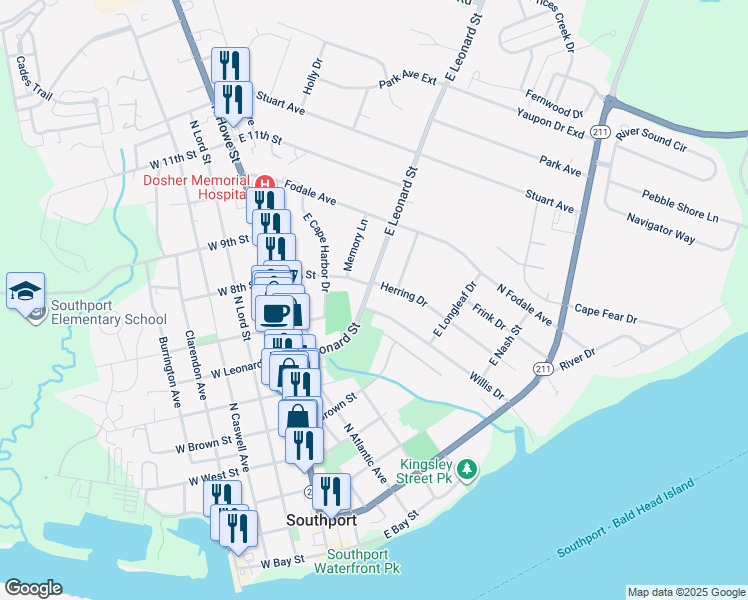 map of restaurants, bars, coffee shops, grocery stores, and more near 304 East Leonard Street in Southport